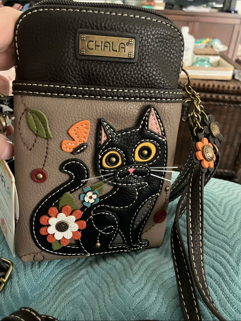 Chala Black & Taupe Cat Applique Crossbody Bag - Picture 2 of 9